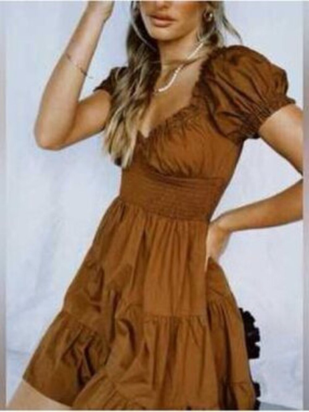 MABEL Brown Ruffle Cotton Mini Dress